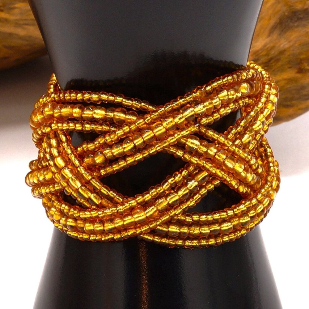 Vintage Gold Glass Bead Wide Braided Cuff Adjustable
